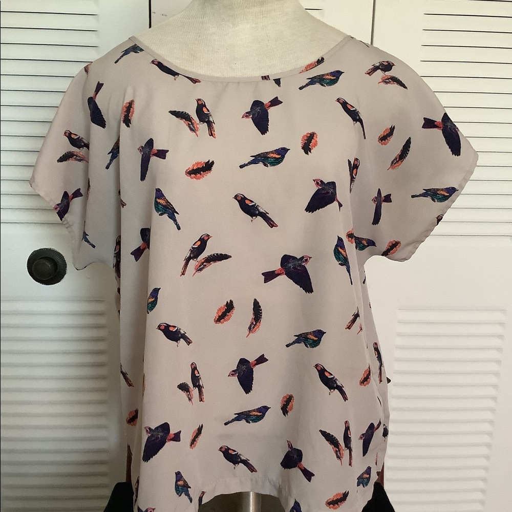 H&M Cream Bird Print Short Sleeve Blouse
